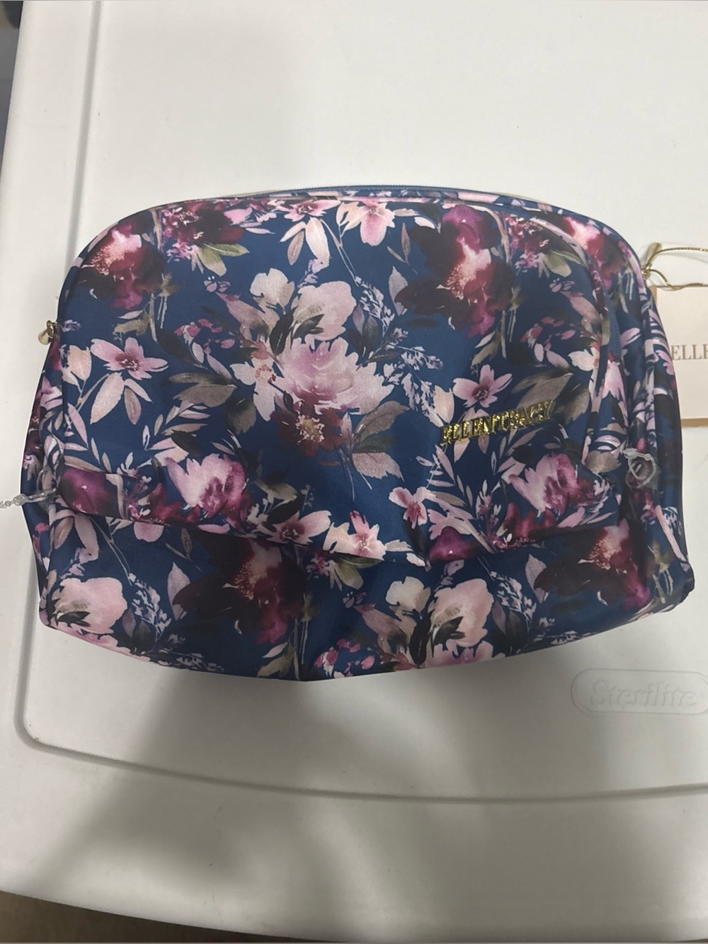 Ellen Tracy Navy Floral Cosmetic Pouch with Pink Accents